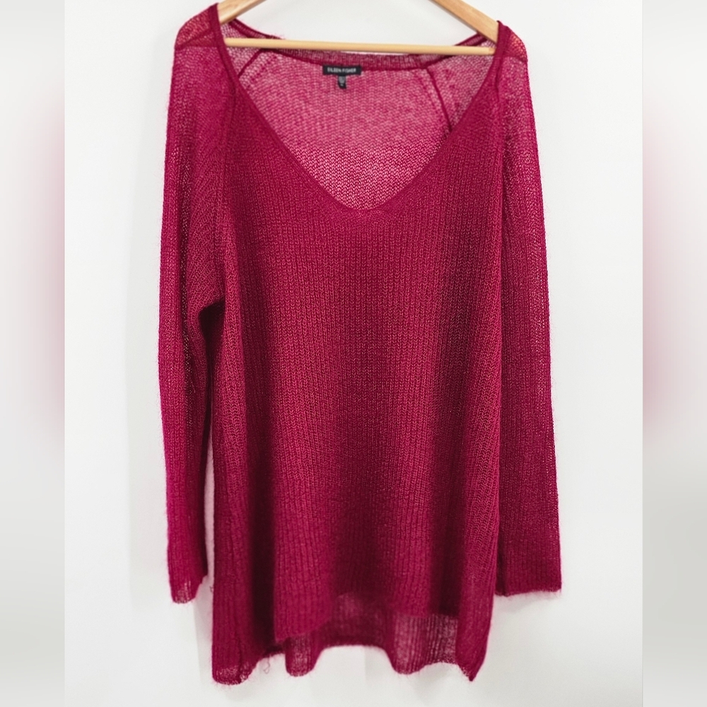 Open-Knit V-Neck Sweater - Berry